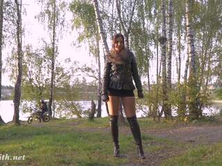 Charming Jeny Smith shocked a biker in the forest with flashing her pussy and ass. Real situation