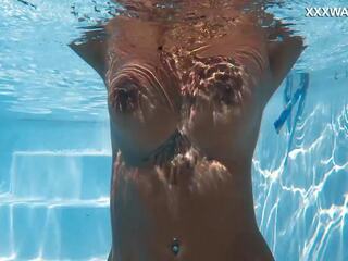 Superior venezuelan cutie in bare and bold poolside swim session