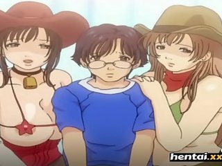 Nerd gets member between busty babes tits - Boobalicious - Hentai.xxx
