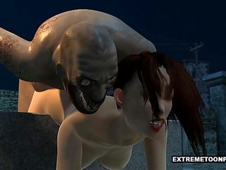 Beguiling 3d seductress fucked in a graveyard by a zombi