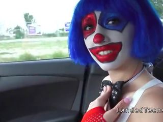 Clown teen sucks member outdoor pov