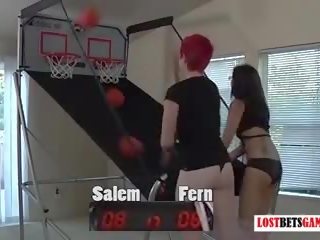Two charming girls Salem and Fern play strip basketball shootout