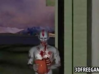 3d rödhårig baben blir körd utomhus av en zombien