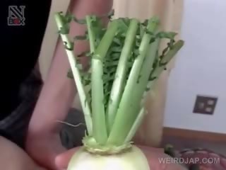 Telanjang asia remaja mendapat berbulu twat dipaku dengan vegetables